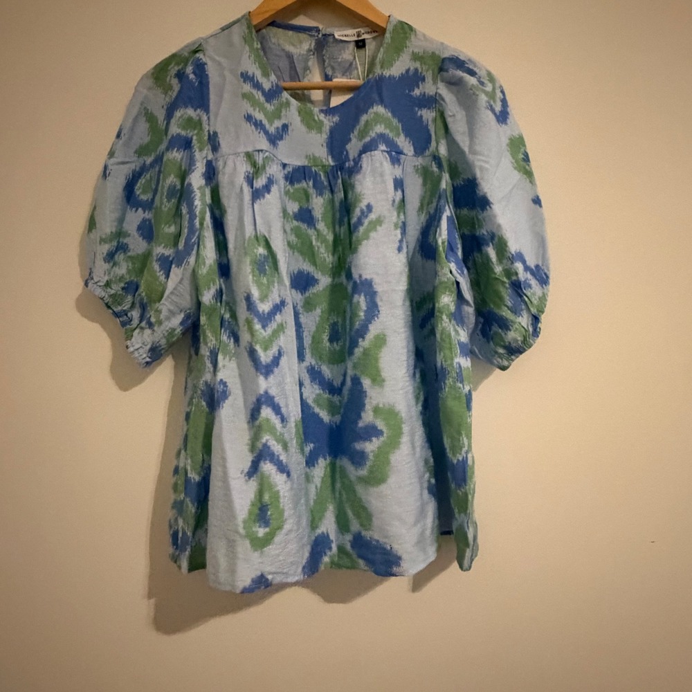 Michelle McDowell Ivy Top Summer Sunday Blue Ikat Puff Sleeve Babydoll Blouse M
